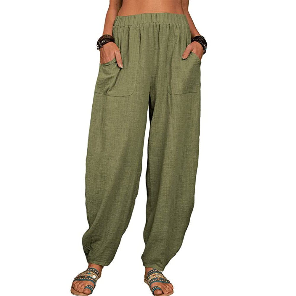 Pantalones Harem De Lino De Algodón Suelto De Color Sólido