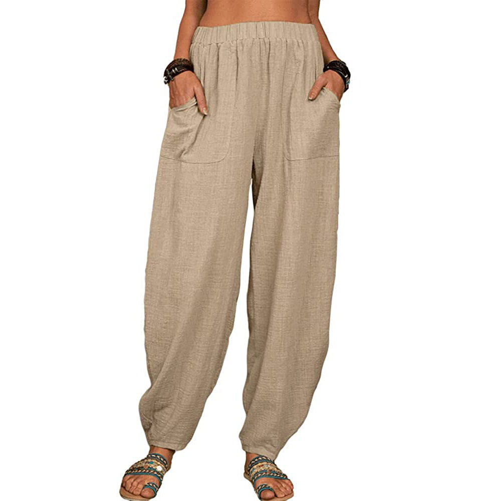 Pantalones Harem De Lino De Algodón Suelto De Color Sólido
