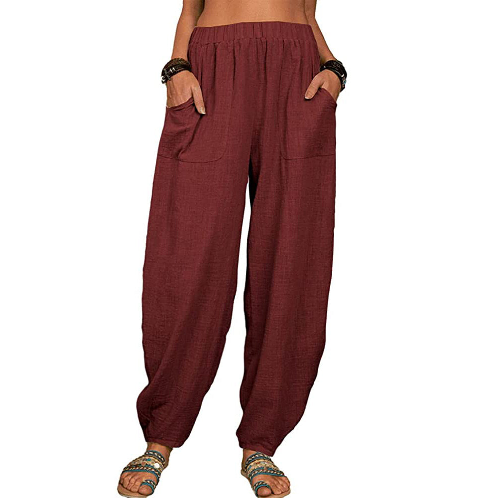 Pantalones Harem De Lino De Algodón Suelto De Color Sólido