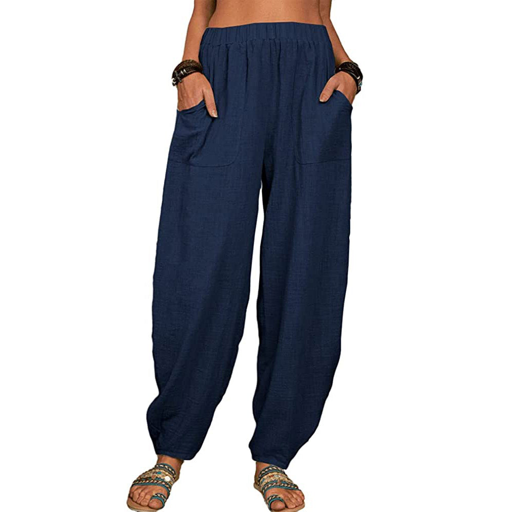 Pantalones Harem De Lino De Algodón Suelto De Color Sólido