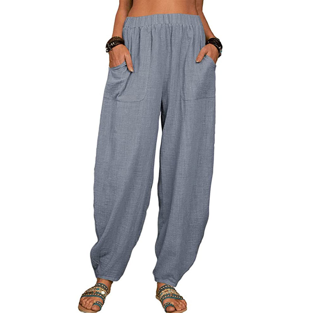 Pantalones Harem De Lino De Algodón Suelto De Color Sólido