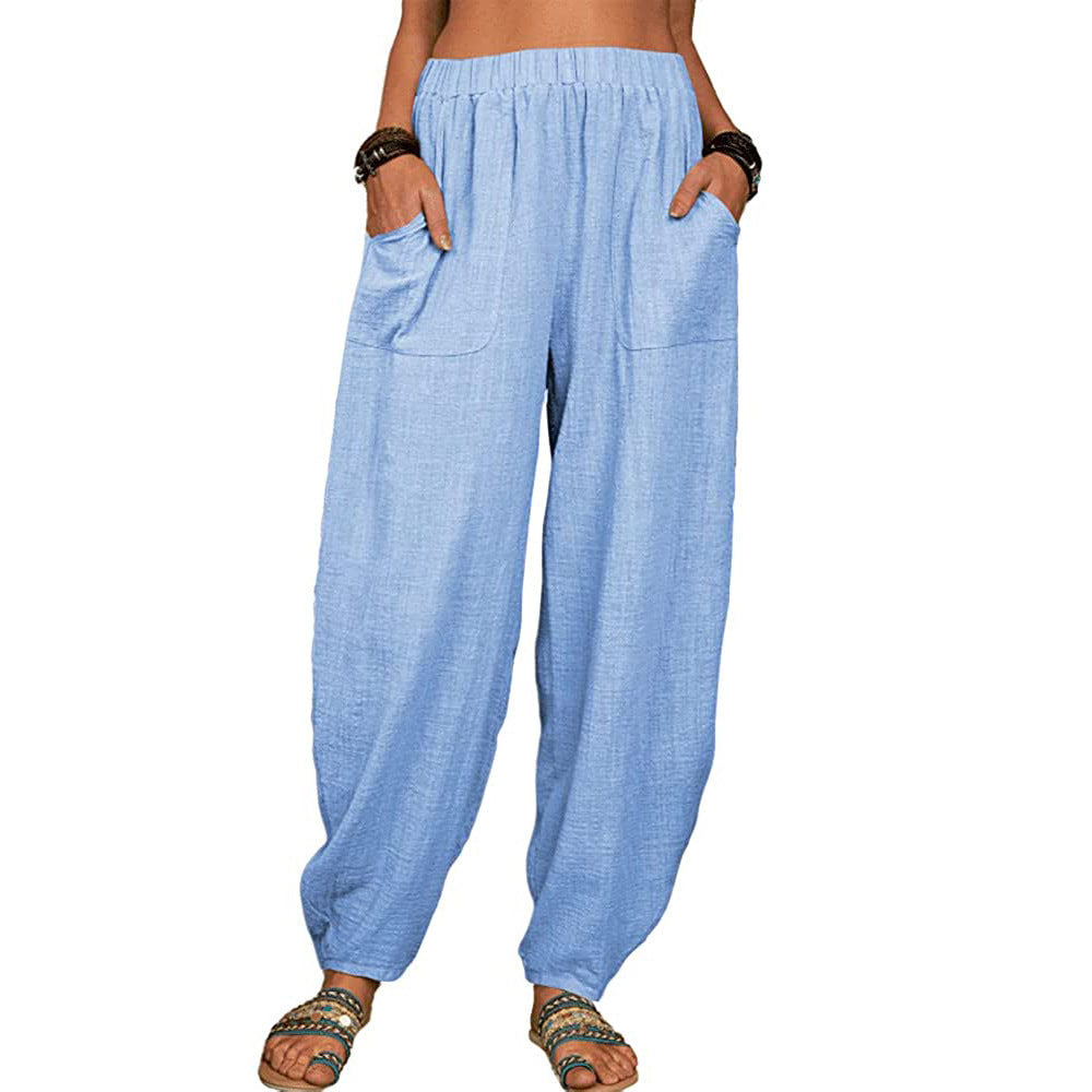 Pantalones Harem De Lino De Algodón Suelto De Color Sólido