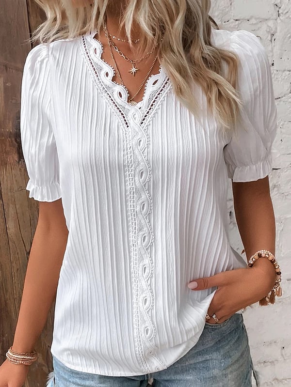 🔥 Camisa Elegante De Encaje De Cuello V Y Color Claro