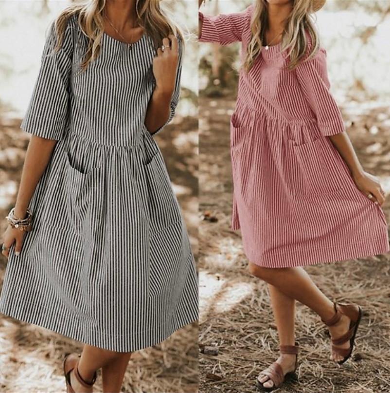Vestido casual suelto de bolsillo con cuello redondo para mujer - MXbueno