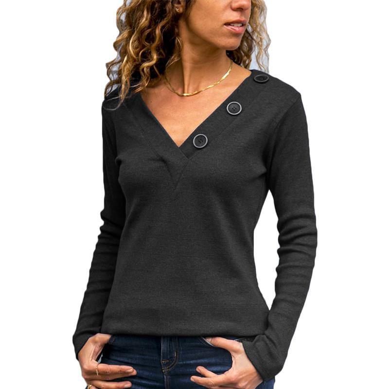 La camiseta casual de manga larga de color sólido con botones de cuello en V - MXbueno
