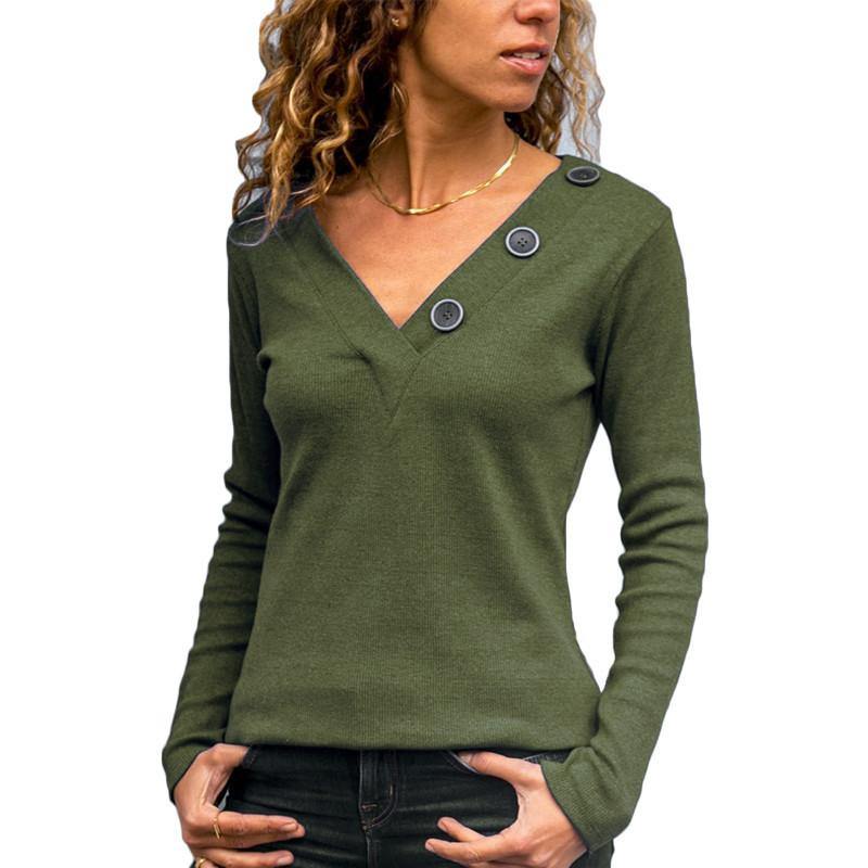 La camiseta casual de manga larga de color sólido con botones de cuello en V - MXbueno