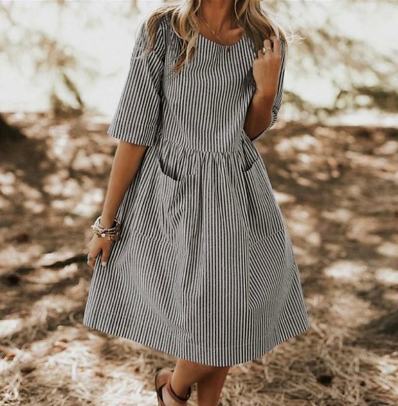 Vestido casual suelto de bolsillo con cuello redondo para mujer - MXbueno