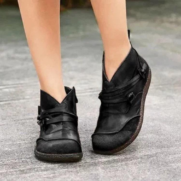Mujer Tobillo plano con cremallera en forma de V con tiras de empalme retro Botas - MXbueno