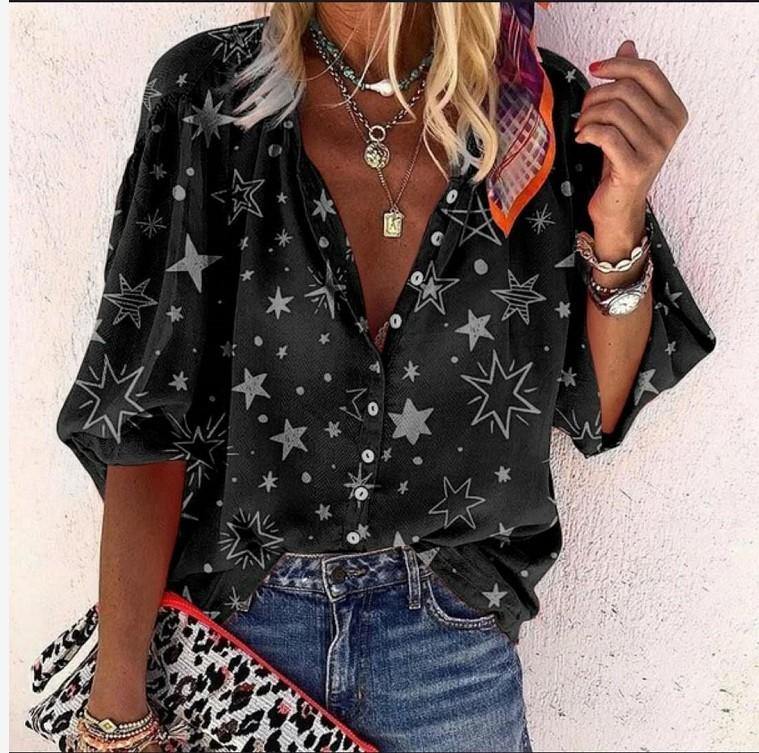 Impreso abotonado camisa de cuello para mujer - MXbueno