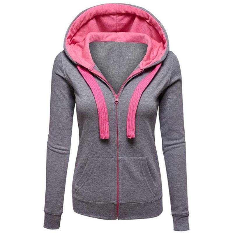 La capucha de las mangas largas con cremallera de color liso para mujeres - MXbueno