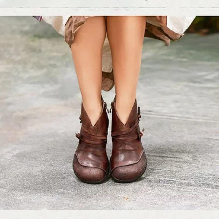 Mujer Tobillo plano con cremallera en forma de V con tiras de empalme retro Botas - MXbueno