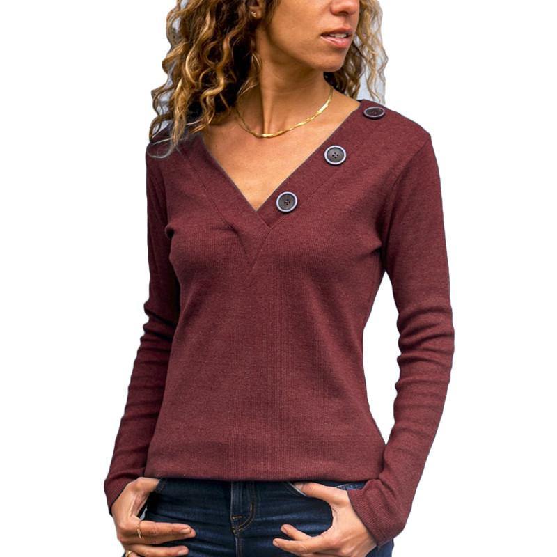 La camiseta casual de manga larga de color sólido con botones de cuello en V - MXbueno