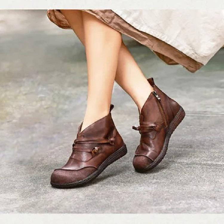 Mujer Tobillo plano con cremallera en forma de V con tiras de empalme retro Botas - MXbueno
