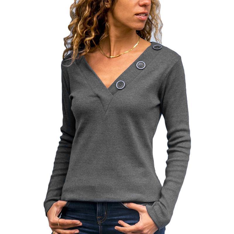 La camiseta casual de manga larga de color sólido con botones de cuello en V - MXbueno