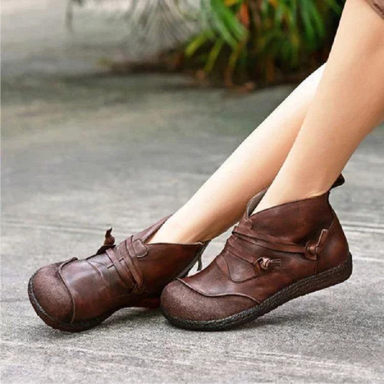 Mujer Tobillo plano con cremallera en forma de V con tiras de empalme retro Botas - MXbueno