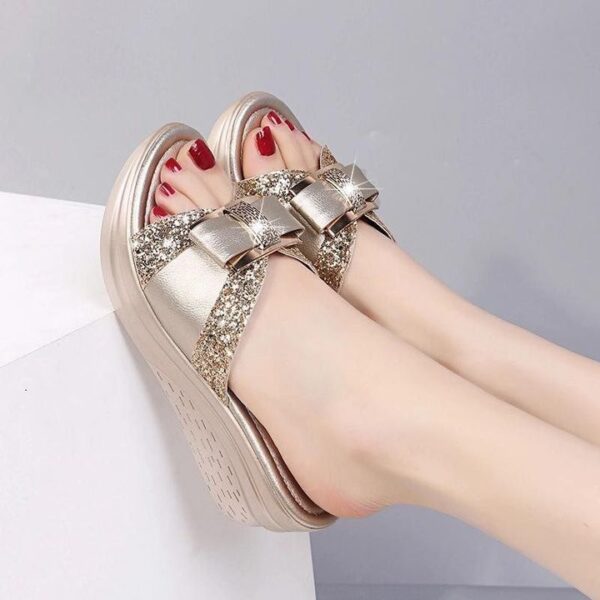 Nuevas Sandalias De Plataforma De Cuña De PU Con Lazo Y Lentejuelas Brillantes De Verano Para Mujer
