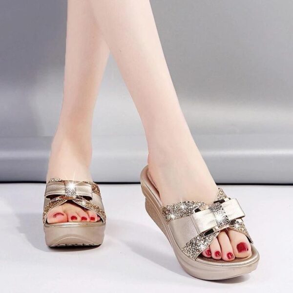 Nuevas Sandalias De Plataforma De Cuña De PU Con Lazo Y Lentejuelas Brillantes De Verano Para Mujer