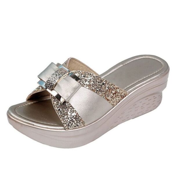 Nuevas Sandalias De Plataforma De Cuña De PU Con Lazo Y Lentejuelas Brillantes De Verano Para Mujer