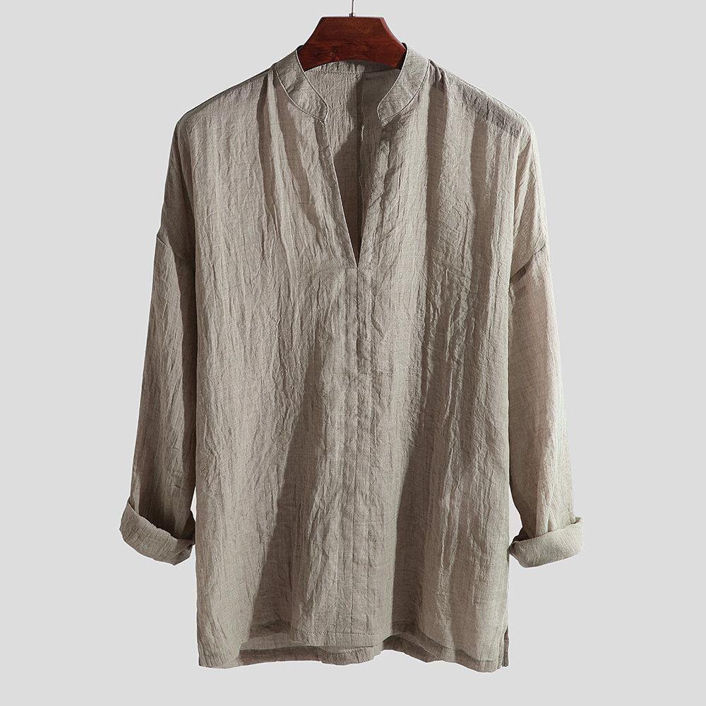 Camisa Holgada De Hombre De Algodón Y Lino Color Liso - MXbueno