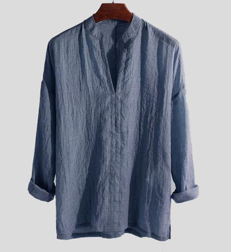 Camisa Holgada De Hombre De Algodón Y Lino Color Liso - MXbueno