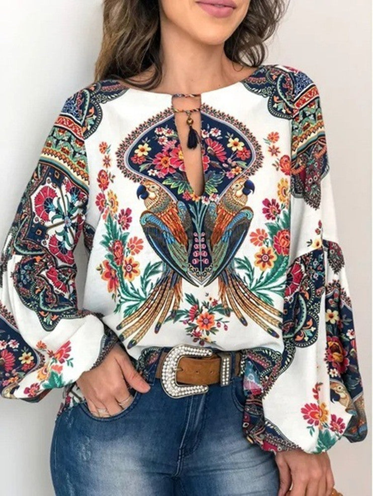 Camisa De Manga De Linterna De Cuello Redondo Para Mujeres Con Personalidad