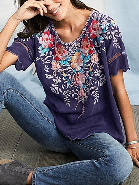 Camisa de bordada con cuello redondo - MXbueno