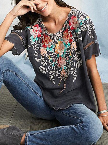 Camisa de bordada con cuello redondo - MXbueno