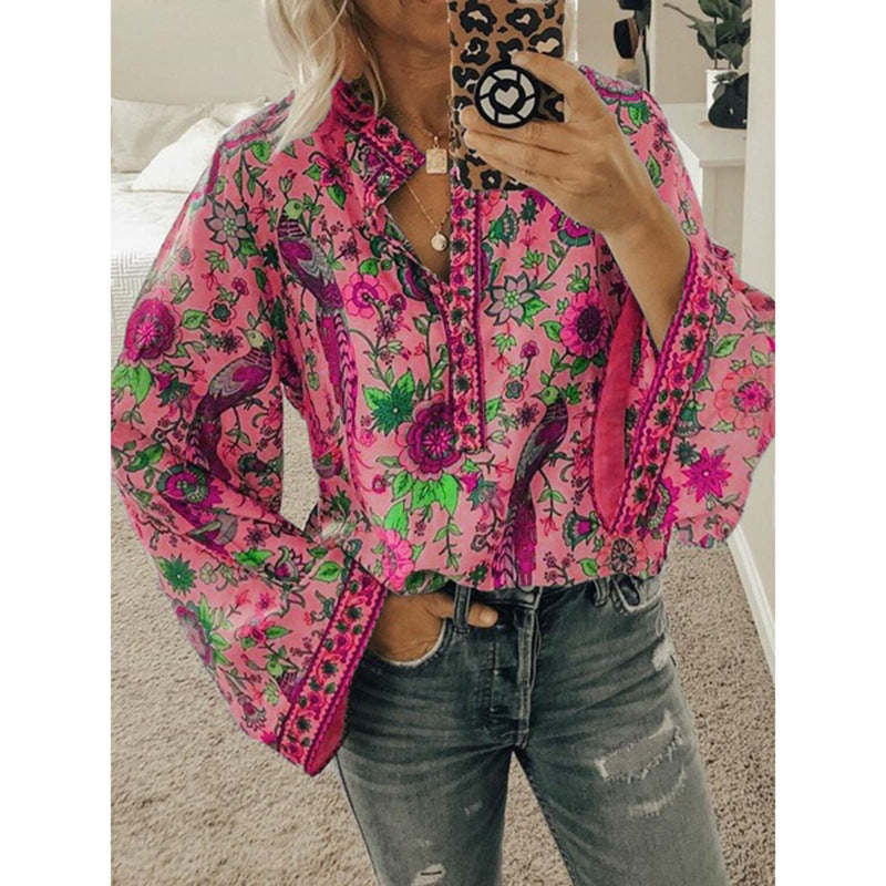 Camisa De Manga Larga Con Botones Sueltos Y Estampado De Pavo Real Estilo Explosión