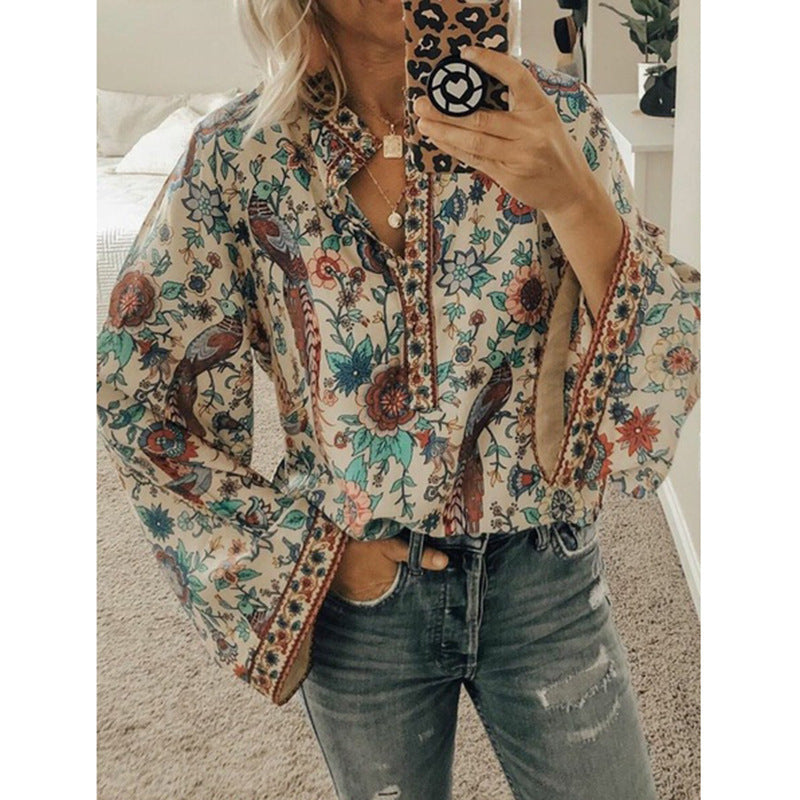 Camisa De Manga Larga Con Botones Sueltos Y Estampado De Pavo Real Estilo Explosión