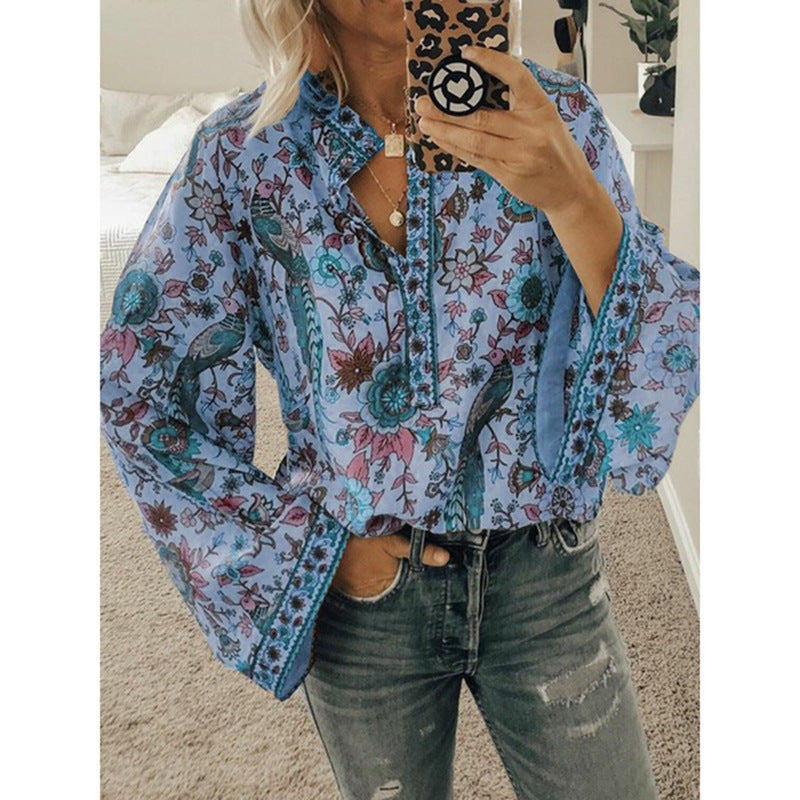 Camisa De Manga Larga Con Botones Sueltos Y Estampado De Pavo Real Estilo Explosión