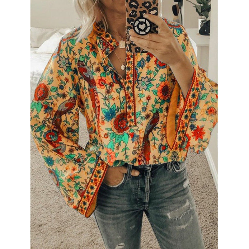 Camisa De Manga Larga Con Botones Sueltos Y Estampado De Pavo Real Estilo Explosión