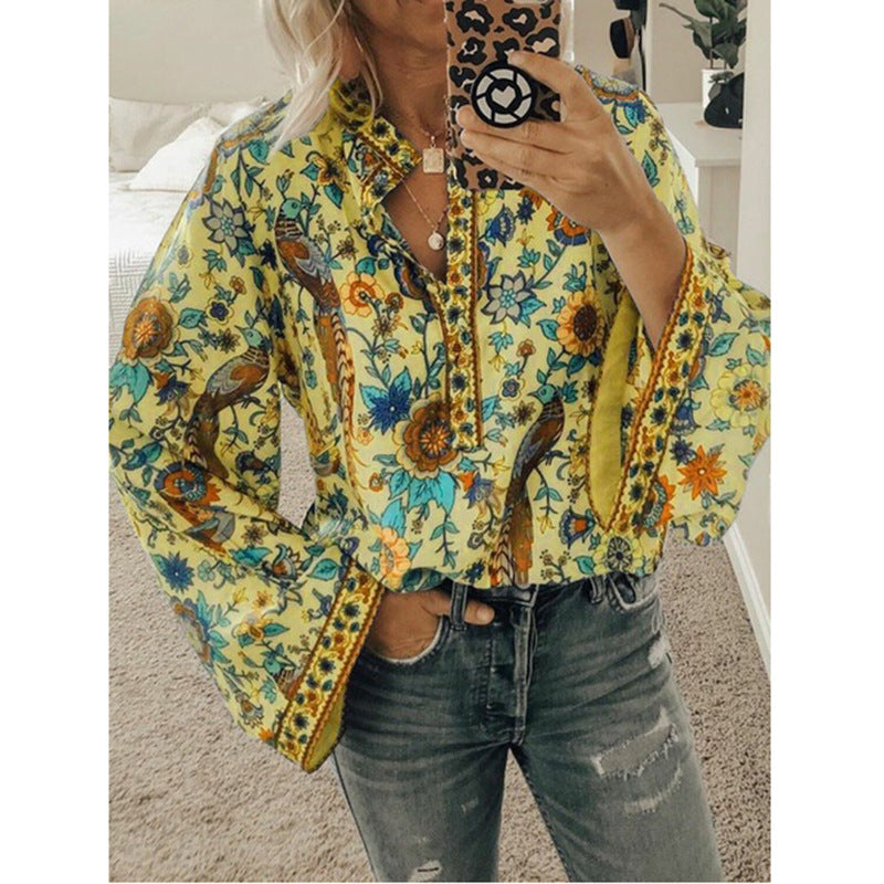 Camisa De Manga Larga Con Botones Sueltos Y Estampado De Pavo Real Estilo Explosión