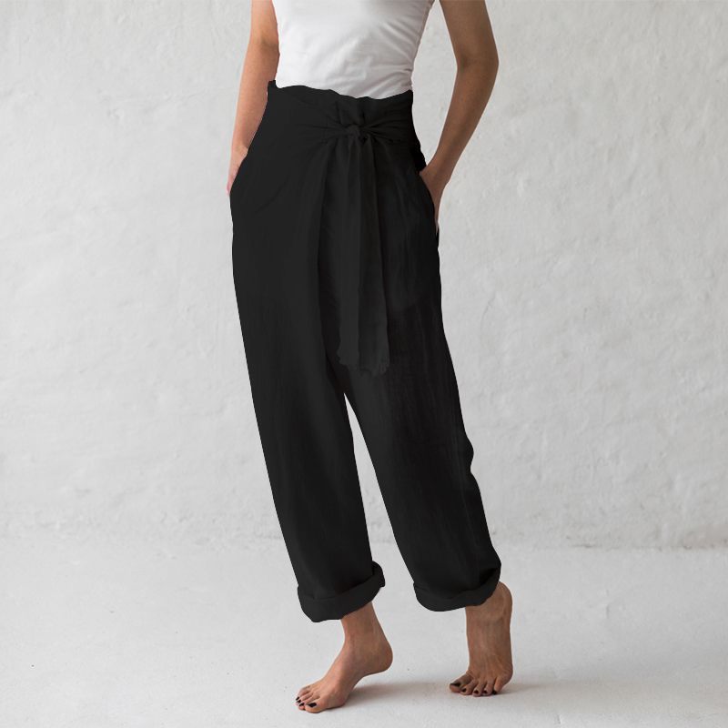 Primavera Y Otoño Pantalones Casuales De Algodón Y Lino De Color Sólido Con Hebilla De Cintura Alta Para Mujer