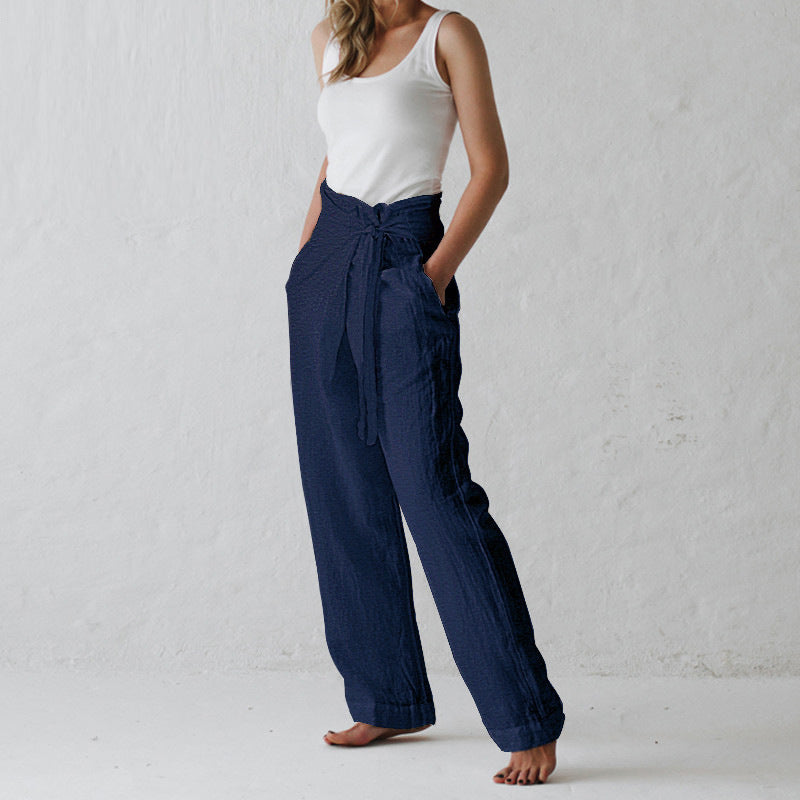 Primavera Y Otoño Pantalones Casuales De Algodón Y Lino De Color Sólido Con Hebilla De Cintura Alta Para Mujer