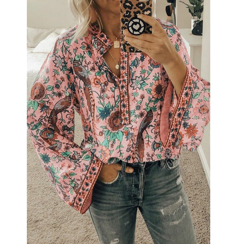 Camisa De Manga Larga Con Botones Sueltos Y Estampado De Pavo Real Estilo Explosión