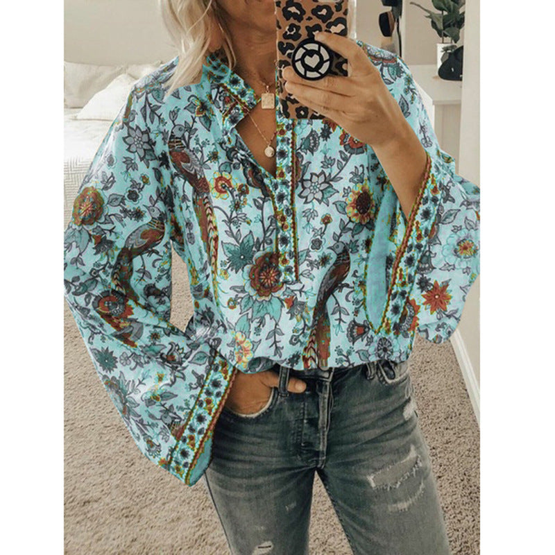 Camisa De Manga Larga Con Botones Sueltos Y Estampado De Pavo Real Estilo Explosión