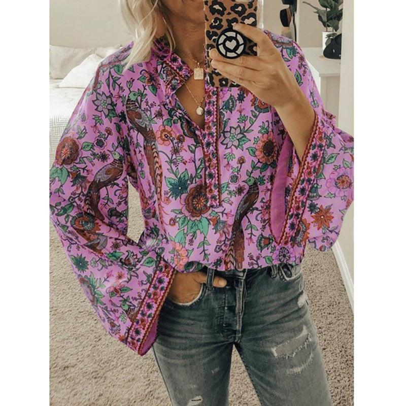 Camisa De Manga Larga Con Botones Sueltos Y Estampado De Pavo Real Estilo Explosión