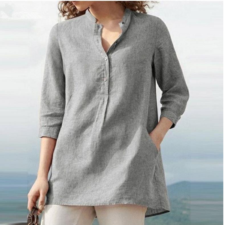 Camisa de algodón con cuello alzado y manga tres cuartos en color liso - MXbueno