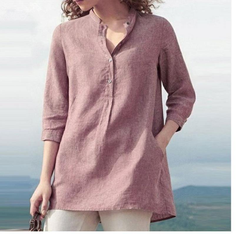 Camisa de algodón con cuello alzado y manga tres cuartos en color liso - MXbueno