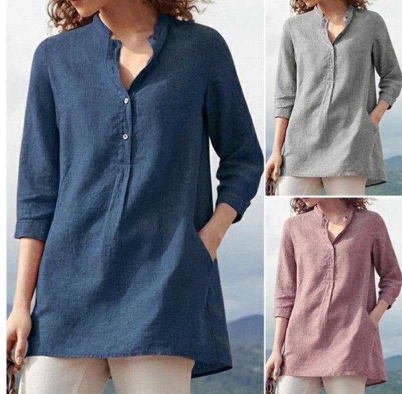Camisa de algodón con cuello alzado y manga tres cuartos en color liso - MXbueno
