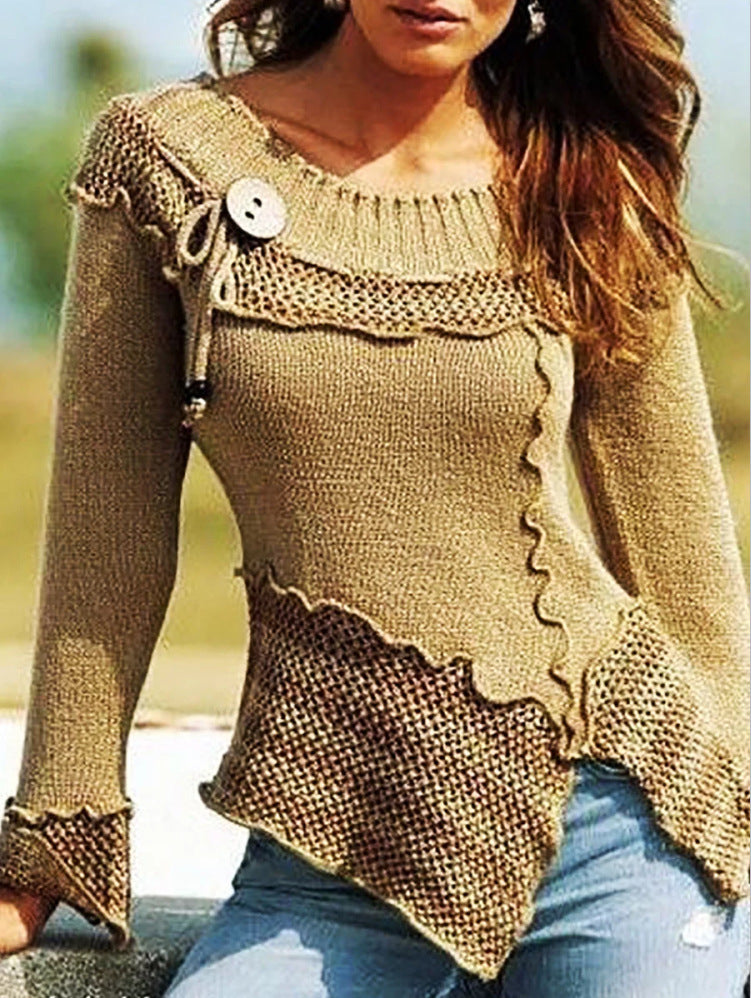 Jersey De Manga Larga Retro De Cuello Redondo Con Costuras De Moda