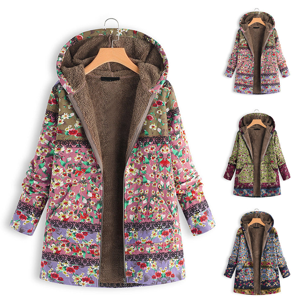 Chaqueta Cálida Informal De Talla Grande Con Estampado De Invierno Con Capucha