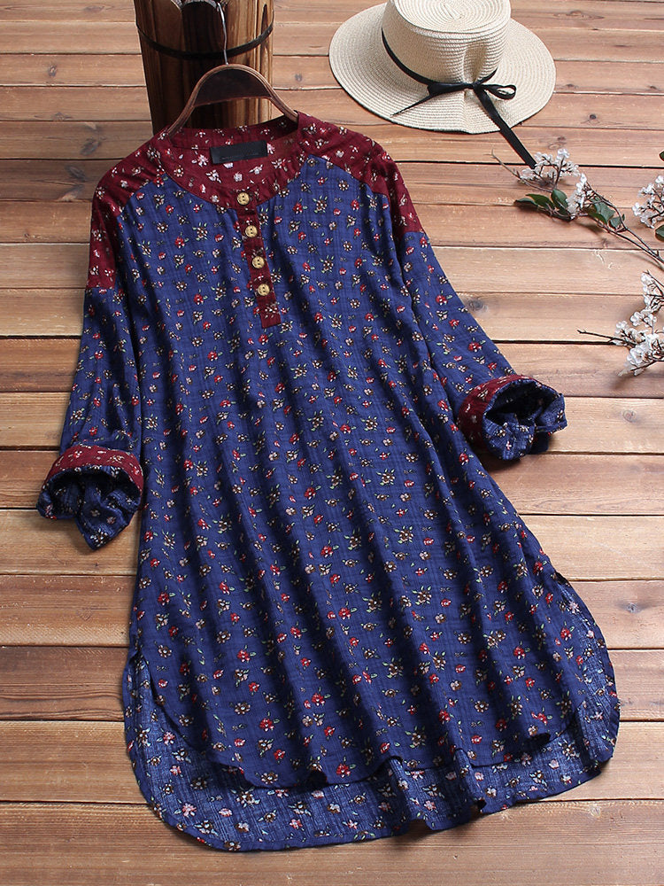 Camisa De Cuello Alto Estampada De Algodón Y Lino De Moda Camisa Suelta De Manga Larga De Gran Tamaño