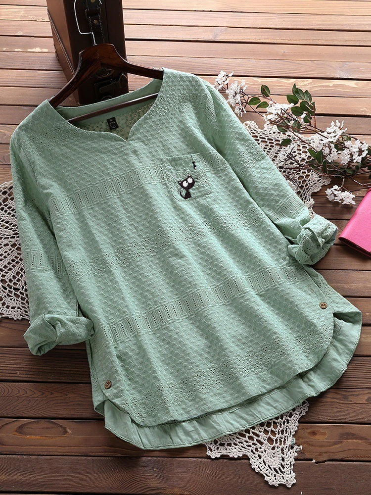 Blusa Casual De Algodón Y Lino Con Cuello Redondo Y Blusa Suelta Para Mujer
