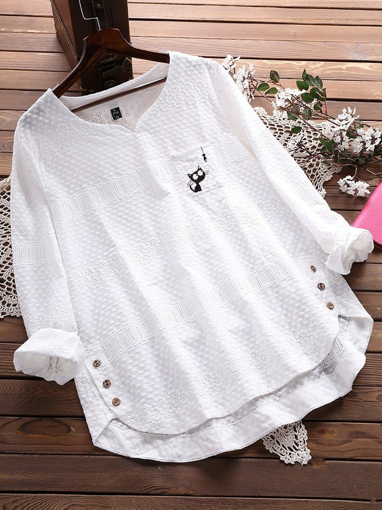 Blusa Casual De Algodón Y Lino Con Cuello Redondo Y Blusa Suelta Para Mujer