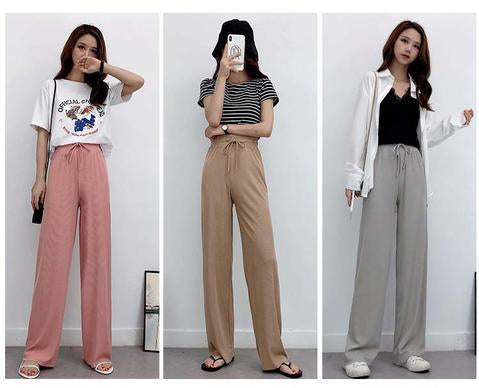 Hielo seda pantalones de pierna ancha mujeres