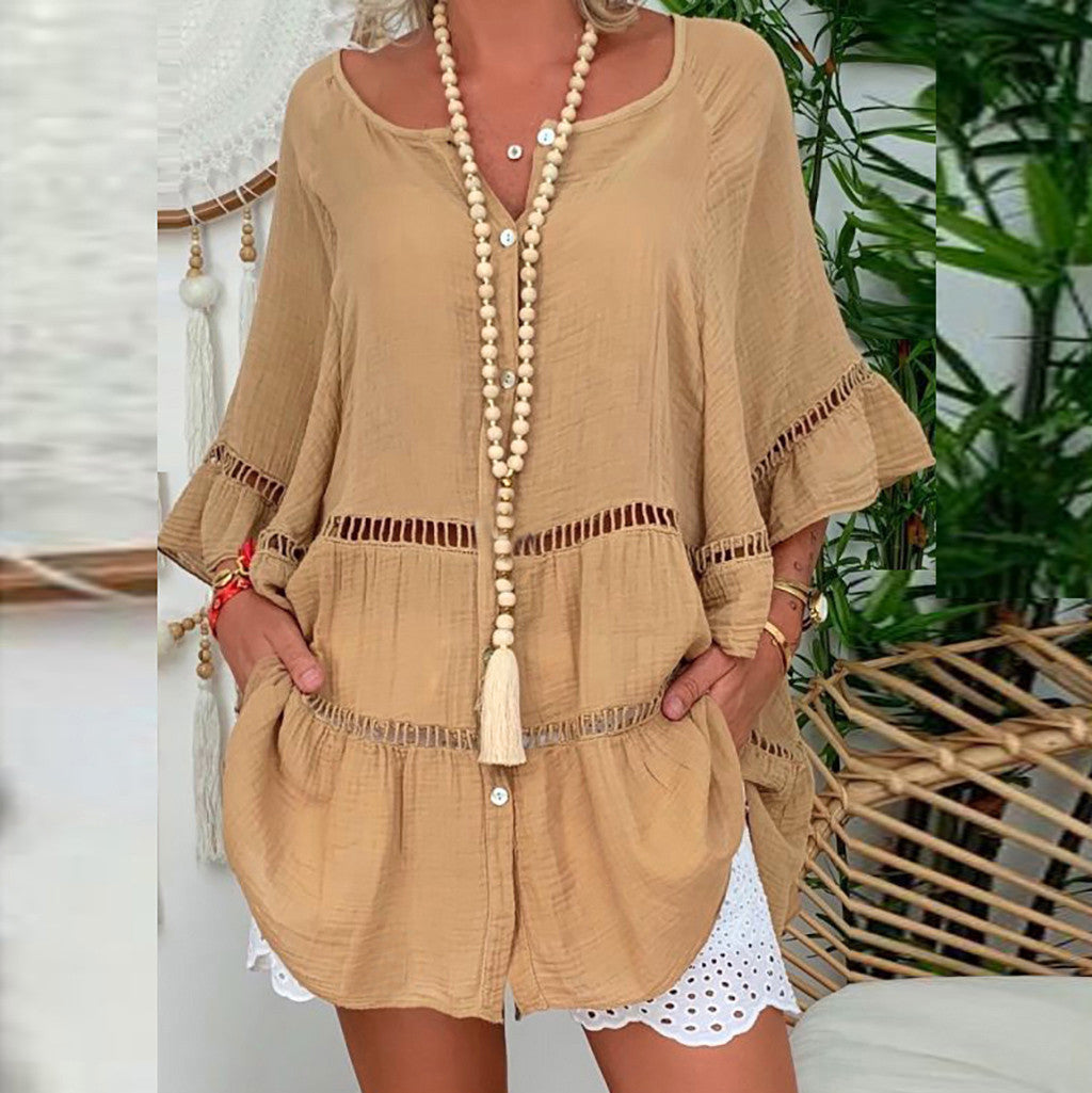Top Suelto De Algodón Y Lino Con Manga Tres Cuartos De Verano