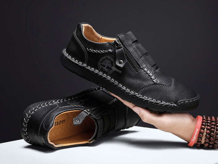 Zapatos casuales de cuero de microfibra con costuras a mano con cremallera lateral - MXbueno