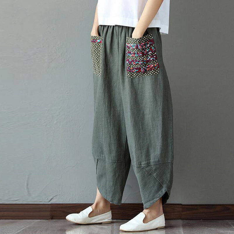 Vintage mujeres Patchwork Pokcet cintura elástica pantalones de pierna ancha y lino