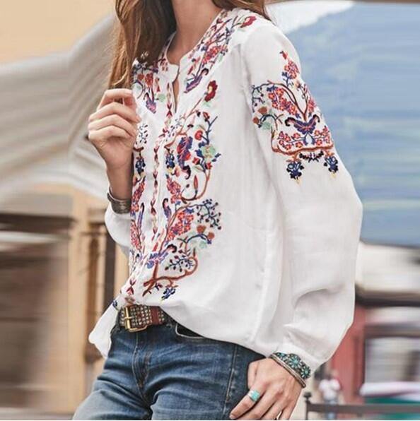 Camisa de mujer de manga larga con cuello alto estampado de moda - MXbueno
